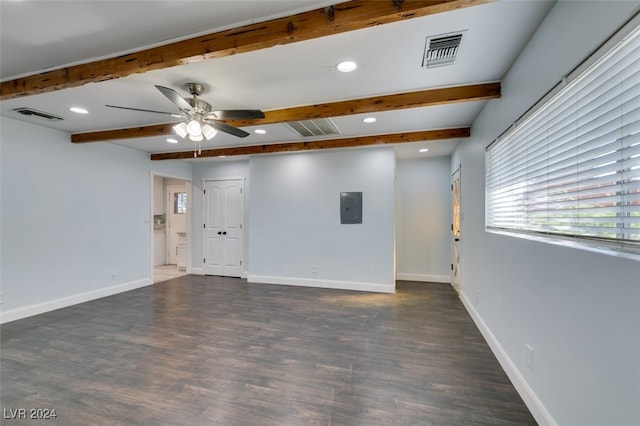 unfurnished room with electric panel, beamed ceiling, ceiling fan, and dark hardwood / wood-style floors