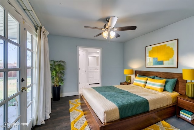 bedroom with dark wood-type flooring, connected bathroom, and ceiling fan