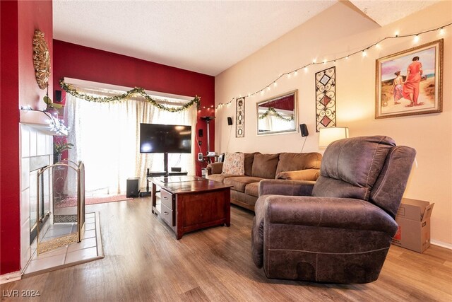 living room with a premium fireplace and light hardwood / wood-style flooring