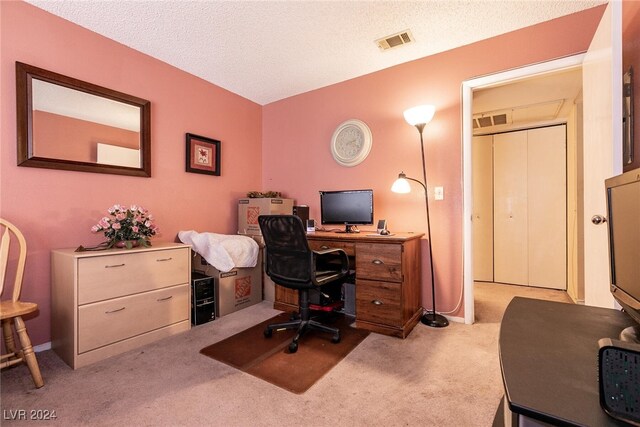 carpeted office space featuring a textured ceiling