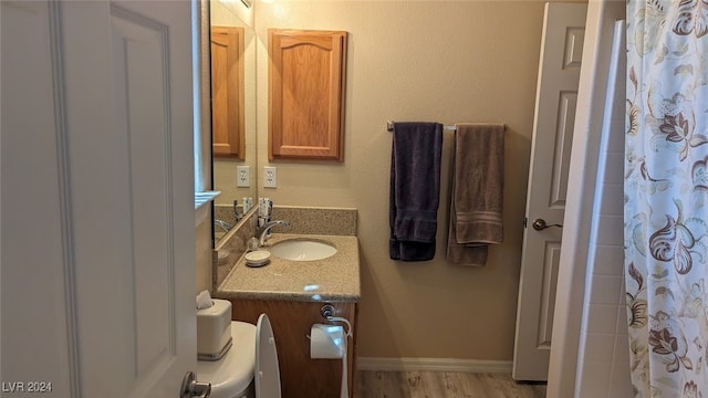 bathroom with toilet, hardwood / wood-style flooring, vanity, and a shower with curtain