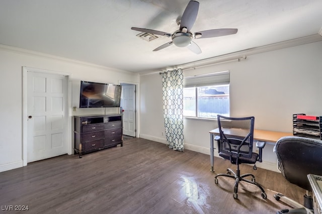 home office with ornamental molding, ceiling fan, and dark wood-type flooring