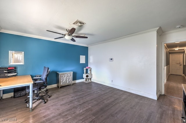 office area with ornamental molding, ceiling fan, and hardwood / wood-style floors