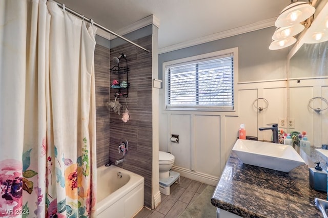 full bathroom with vanity, ornamental molding, wood-type flooring, toilet, and shower / tub combo with curtain