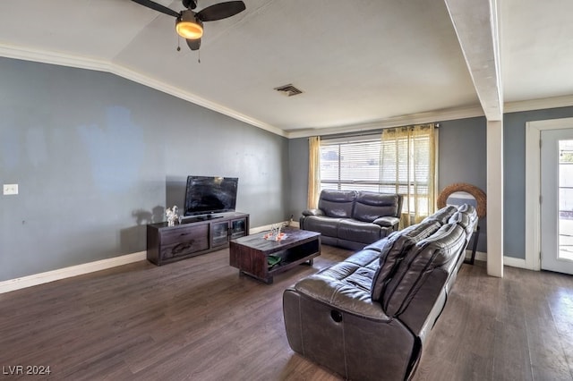 living room featuring lofted ceiling, ceiling fan, plenty of natural light, and dark hardwood / wood-style flooring