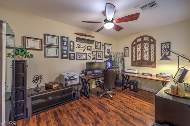 office area featuring ceiling fan and wood-type flooring