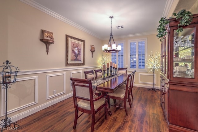 dining space with a chandelier, dark wood-type flooring, and ornamental molding