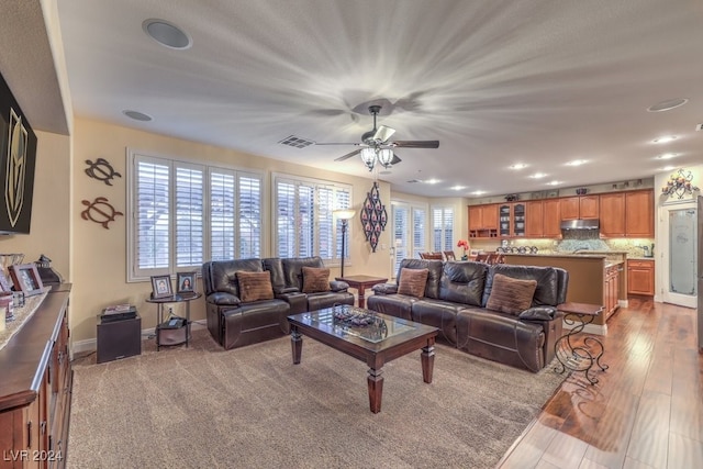 living room with a ceiling fan, wood finished floors, visible vents, and baseboards