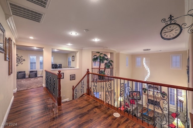 corridor with ornamental molding and dark hardwood / wood-style floors