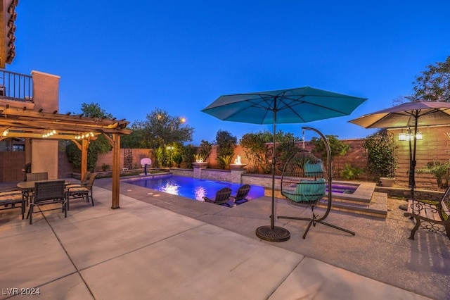 view of pool with a fenced in pool, a fenced backyard, a patio area, outdoor dining space, and a pergola