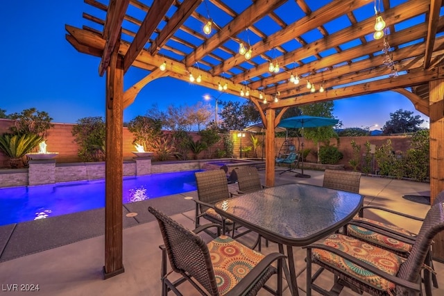 patio terrace at dusk featuring pool water feature, a pergola, and a fenced in pool