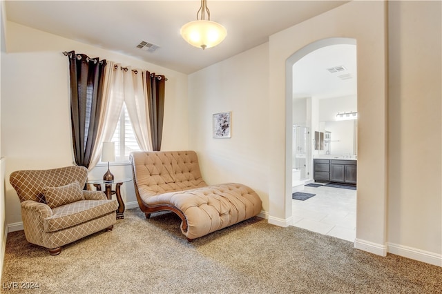 sitting room featuring light carpet