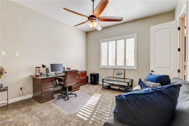 office area with ceiling fan and light colored carpet