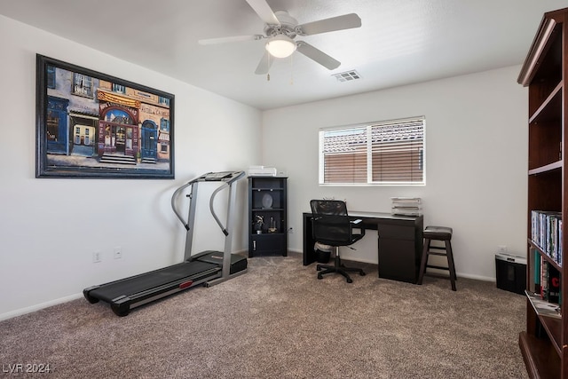 office space with carpet flooring and ceiling fan