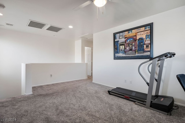 exercise area with carpet and ceiling fan