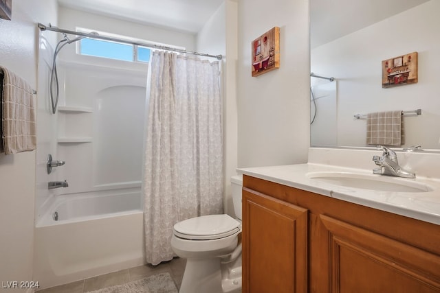 full bathroom featuring vanity, shower / tub combo, toilet, and tile patterned floors