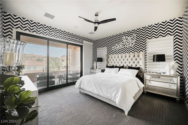 bedroom with access to outside, ceiling fan, and carpet flooring