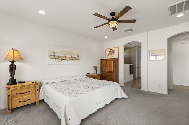 carpeted bedroom featuring ceiling fan