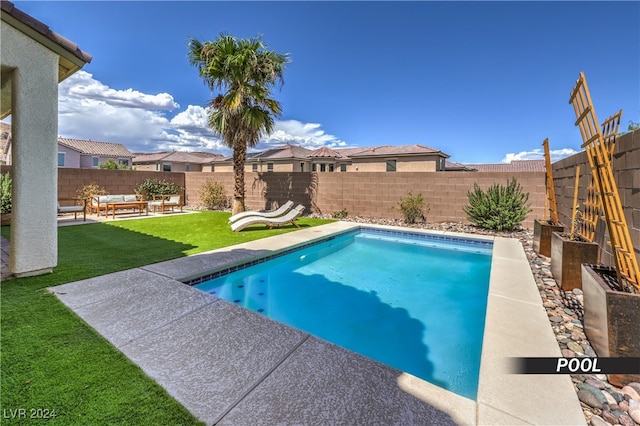 view of swimming pool with a lawn and a patio