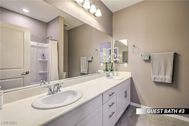 full bathroom featuring shower / bathtub combination with curtain, tile patterned flooring, toilet, and vanity