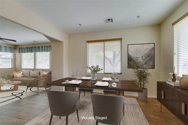 dining space featuring ceiling fan and wood-type flooring