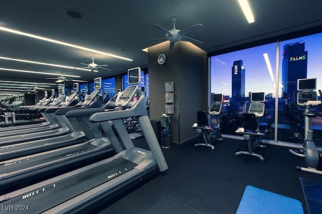 workout area with ceiling fan