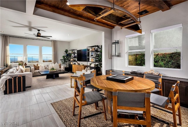 dining area with ceiling fan and wooden ceiling