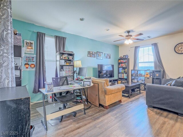 living room featuring ceiling fan and wood-type flooring