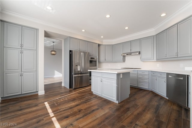 kitchen with dark hardwood / wood-style flooring, stainless steel appliances, gray cabinetry, and hanging light fixtures