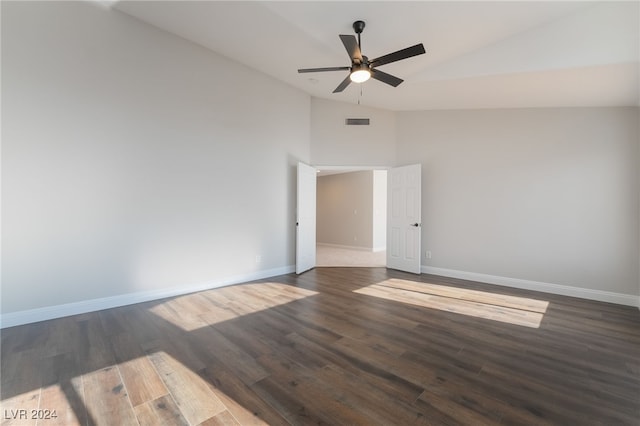 unfurnished room with high vaulted ceiling, ceiling fan, and dark hardwood / wood-style floors