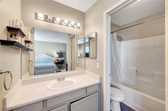 full bathroom with vanity, toilet, wood-type flooring, and shower / bathtub combination with curtain