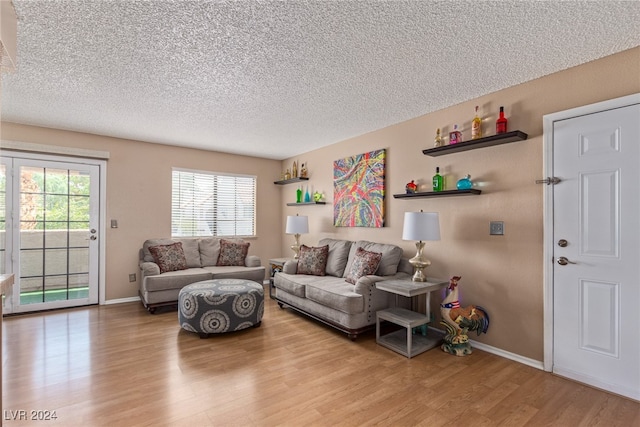 living room with light hardwood / wood-style floors and a textured ceiling