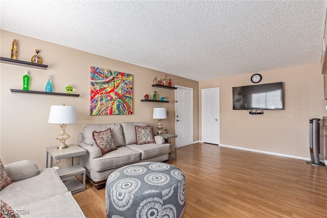 living room with hardwood / wood-style flooring and a textured ceiling