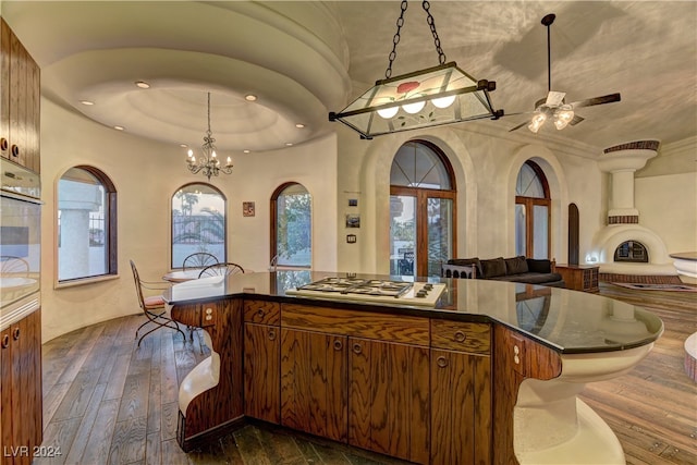 bathroom with a large fireplace, a raised ceiling, ceiling fan with notable chandelier, and wood-type flooring