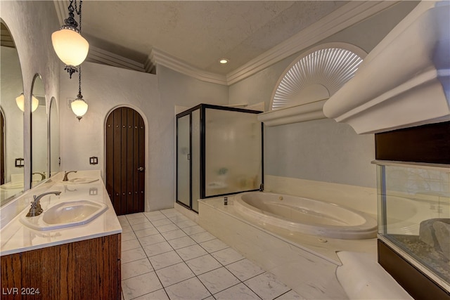 bathroom with ornamental molding, vanity, a textured ceiling, and plus walk in shower