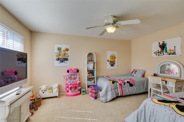 bedroom with ceiling fan and carpet flooring