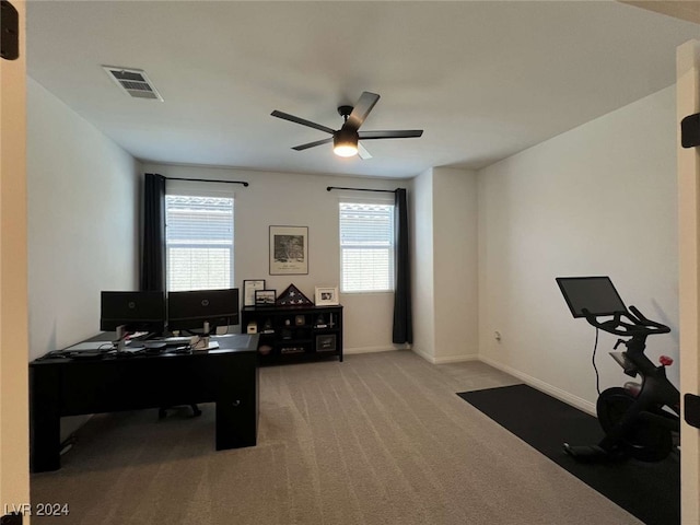 carpeted home office featuring ceiling fan and a healthy amount of sunlight