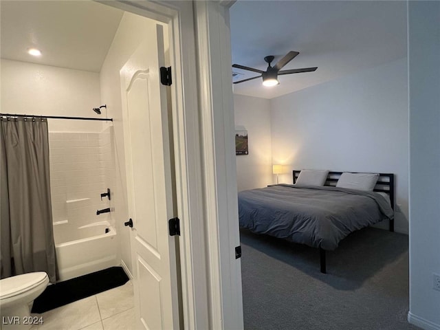 bedroom with ceiling fan and light colored carpet