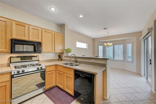 kitchen featuring an inviting chandelier, black appliances, sink, decorative light fixtures, and kitchen peninsula