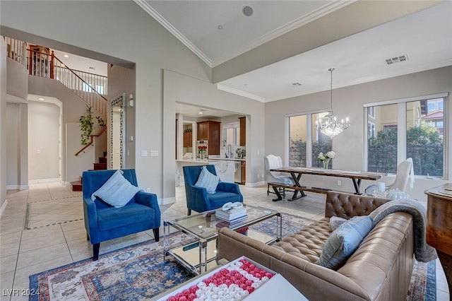 tiled living room with an inviting chandelier, high vaulted ceiling, and ornamental molding