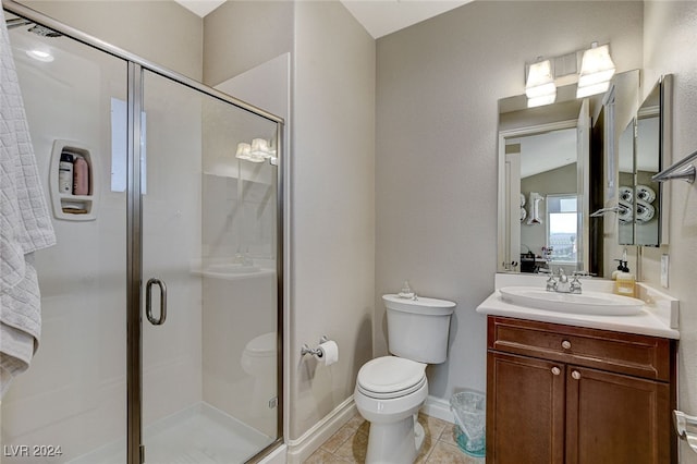 bathroom with toilet, an enclosed shower, vanity, and tile patterned floors