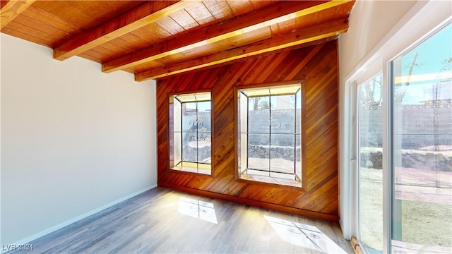 unfurnished room featuring wood walls, wood-type flooring, and wooden ceiling