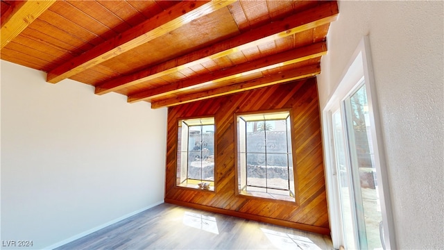 unfurnished room with wood ceiling, hardwood / wood-style floors, beam ceiling, and wooden walls