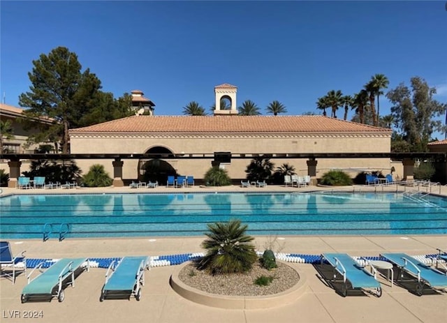 view of swimming pool with a patio