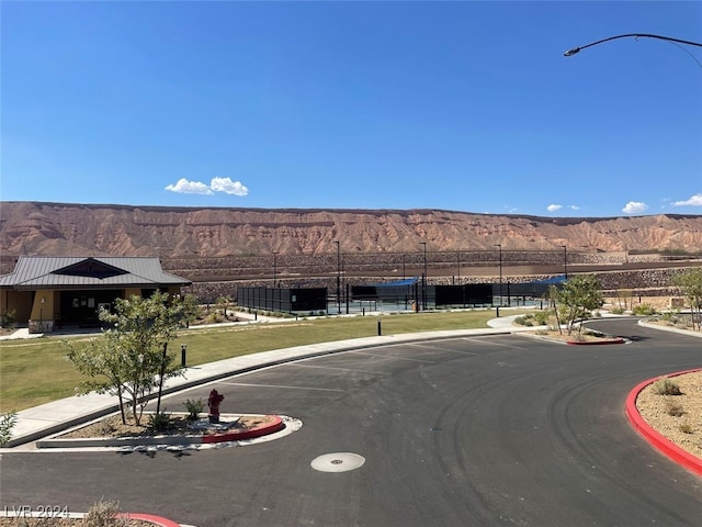 view of building exterior with a mountain view