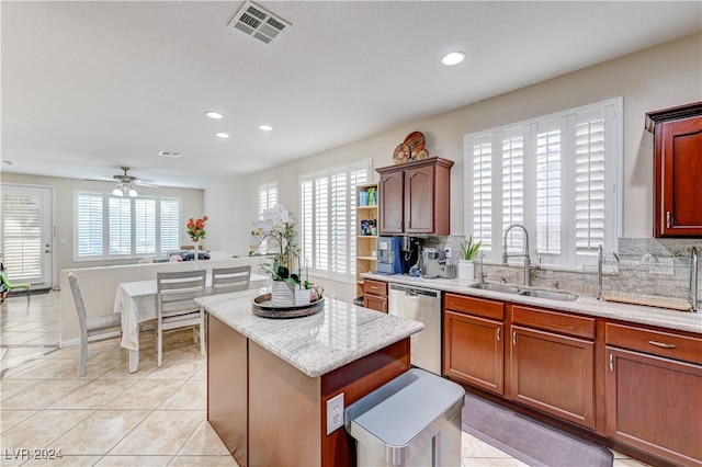 kitchen featuring ceiling fan, a wealth of natural light, sink, and stainless steel dishwasher