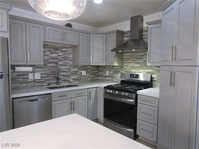 kitchen featuring decorative backsplash, sink, wall chimney exhaust hood, and appliances with stainless steel finishes