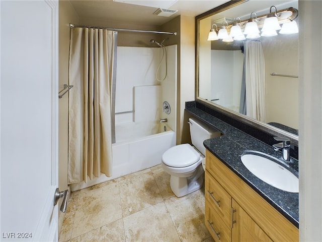 full bathroom featuring toilet, shower / tub combo, and vanity