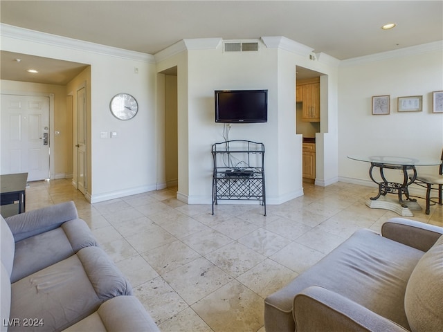 tiled living room with crown molding