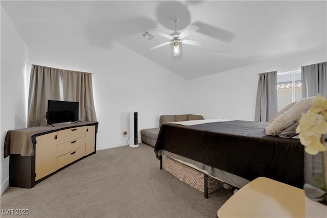 carpeted bedroom featuring lofted ceiling and ceiling fan